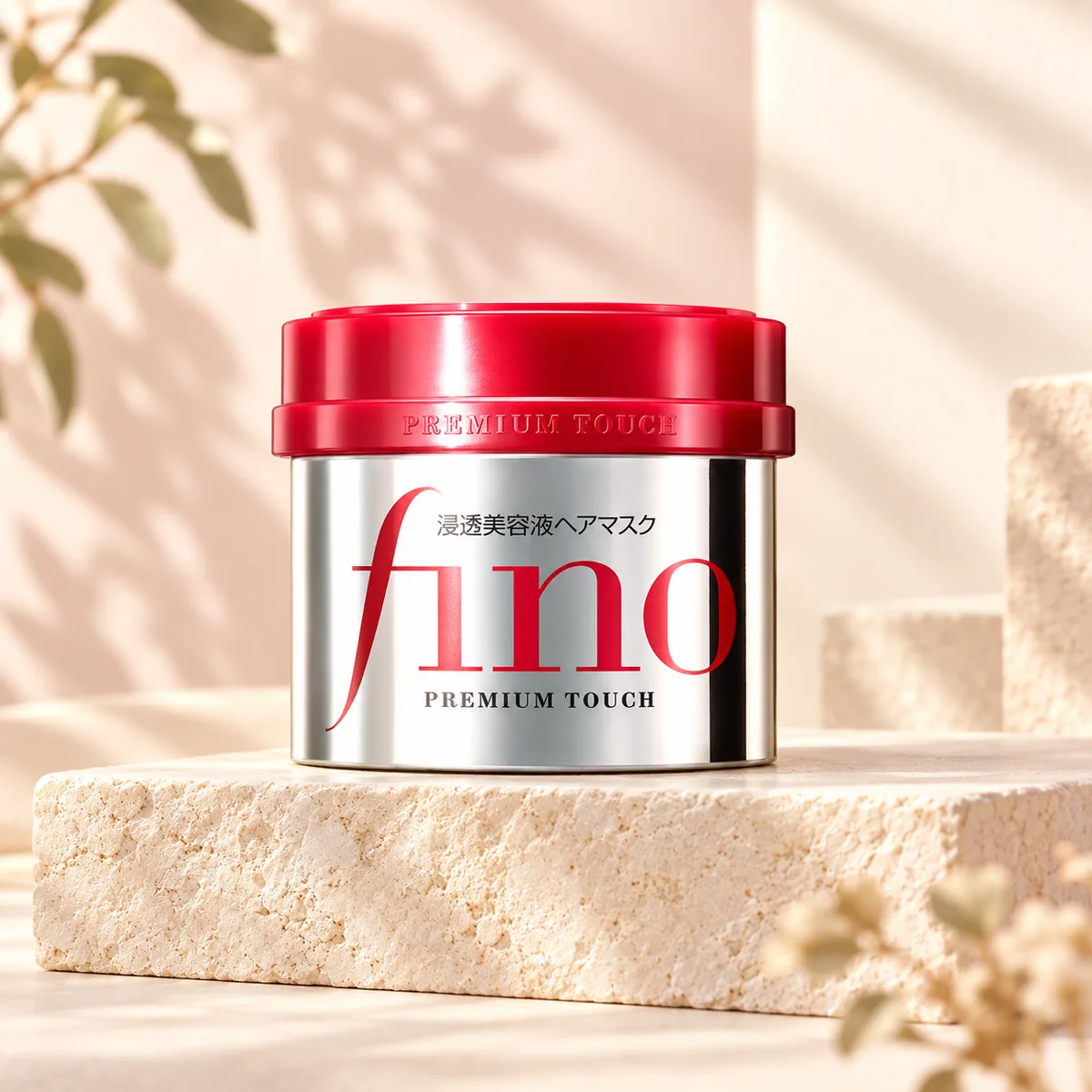 FINO Premium Touch Hair Mask 230g silver jar on warm ivory background